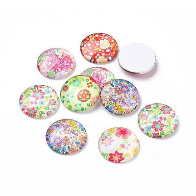 Half Round/Dome Floral Printed Glass Cabochons X-GGLA-A002-25mm-UU-1