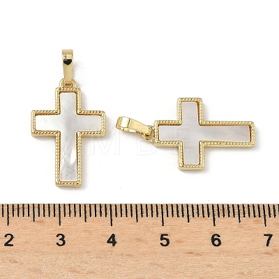 Brass Pave Natural White Shell Pendants X-KK-Z115-12G-1