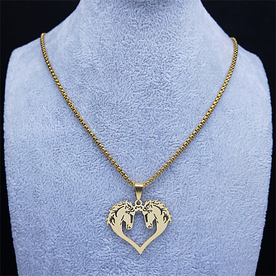 Hip-hop Style 201 Stainless Steel Laser Cut Double Horse Heart Pendant Necklaces FS-WGDE3BC-02-1