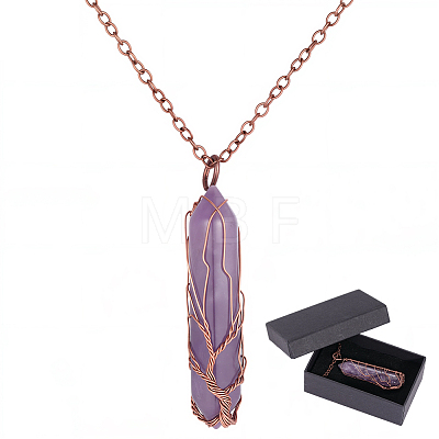 1Pc Natural Amethyst Bullet Macrame Pouch Pendant Alloy Chain Necklaces NJEW-PA0001-01B-1