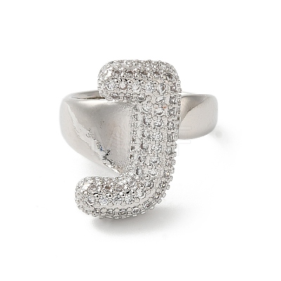 Letter Brass Micro Pave Clear Cubic Zirconia Open Cuff Ring for Women RJEW-N046-03J-P-1