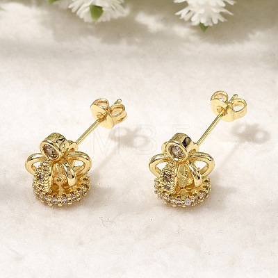 Crown Brass Micro Pave Clear Cubic Zirconia Stud Earrings for Women EJEW-G460-04G-1