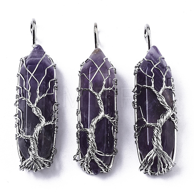 Natural Amethyst Big Wire Wrapped Pendants G-T133-P02C-1