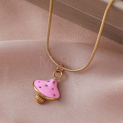 Autumn 304 Stainless Steel Enamel Pink Mushroom Pendant Necklaces for Women Men LI8986-1