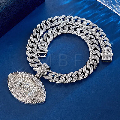 Zinc Alloy Full Crystal Rhinestone Evil Eye Pendant Cuban Link Chain Necklaces for Men FS-WG83416-01-1
