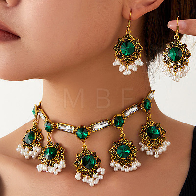 Retro Floral Alloy Rhinestone & Imitation Pearl Dangle Earrings & Charm Necklaces Sets for Women WG62226-01-1