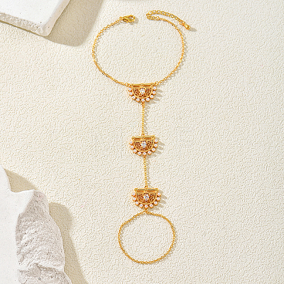 Brass Pave Clear Cubic Zirconia Hollow Fan Hand Chain Ring Bracelets with Imitation Pearl for Women EH6679-1
