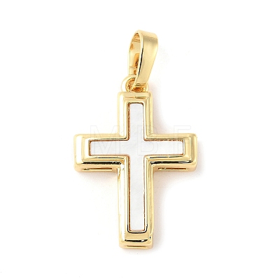 Brass Pave Natural White Shell Pendants KK-S522-01C-G-1