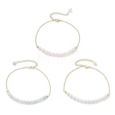 3Pcs 3 Colors Gemstone and Shell Pearl Round Beaded Ankelets AJEW-AN00707-1