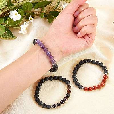 3Pcs 3 Colors Dyed Natural Agate Beads Stretch Bracelets BJEW-SZ0001-23-1
