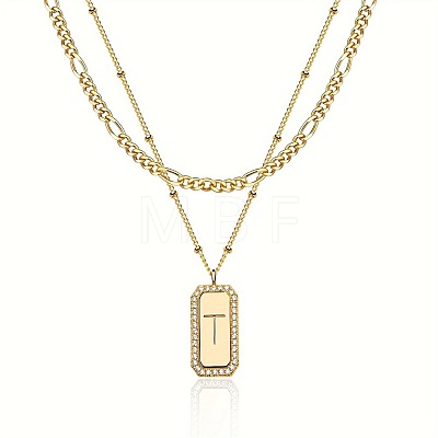 Brass Micro Pave Clear Cubic Zirconia Rectangle with Initial Pendant Double Layer Necklaces for Women FS-WG478B5-20-1