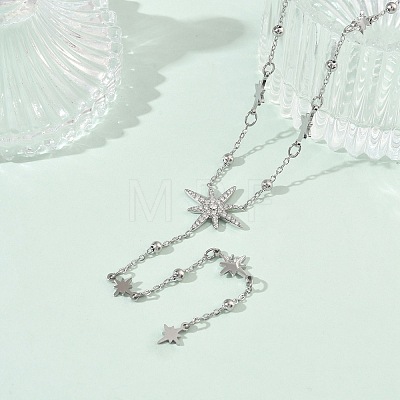 304 Stainless Steel Micro Pave Clear Star Pendant Long Tassel Y Necklaces for Women NJEW-C119-02P-1