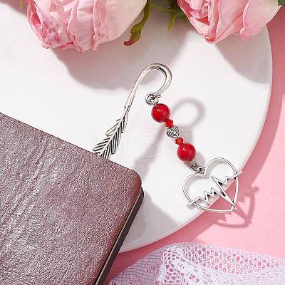 Valentine's Day Alloy Heart Pendant Bookmarks AJEW-JK00270-02-1