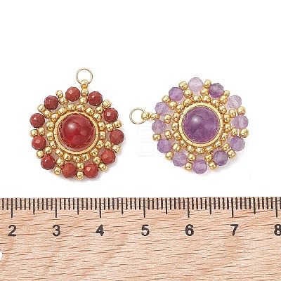 Natural Mixed Gemstone Faceted Round & Gold Glass Seed Beaded Pendants PALLOY-MZ01323-1