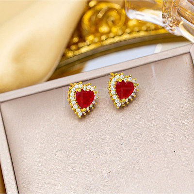 Heart Brass Micro Pave Cubic Zirconia Stud Earrings EJEW-K325-02G-1