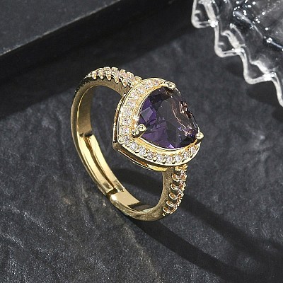 Brass & Purple Heart Cubic Zirconia Finger Rings for Women CU-CBA7E55-14G-1
