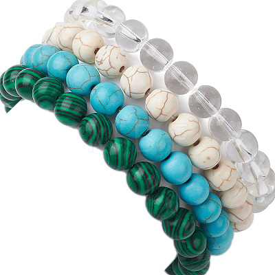 4Pcs Constellation 8mm Round Synthetic Turquoise & Quartz Crystal & Malachite & Magnesite Beaded Stretch Bracelets for Women BJEW-JB10634-1