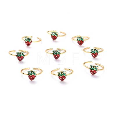 Brass Enamel Strawberry Cuff Rings RJEW-O046-04G-1