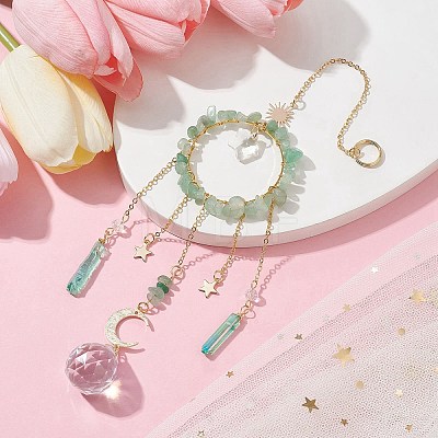 Natural Green Aventurine Chip Pendant Decorations with Brass Moon & Cable Chain & Electroplated Quartz Crystal Tassel HJEW-JM01650-01-1