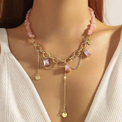 Natural Rose Quartz Chip Beaded Necklaces with Alloy Glass Rectangle Charms WGDF26A-08-1