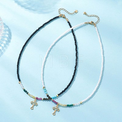 2Pcs 2 Colors 304 Stainless Steel Cross Pendant Natural Ruby & Golden Sheen Obsidian & Rose Quartz & Malachite & Yellow Opal Round & Electroplated Glass Rondelle Beaded Necklaces for Women NJEW-JN05611-1