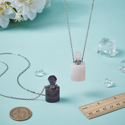 2Pcs 2 Styles Natural Rose Quartz and Amethyst Perfume Bottle Necklaces NJEW-FG0001-18-1