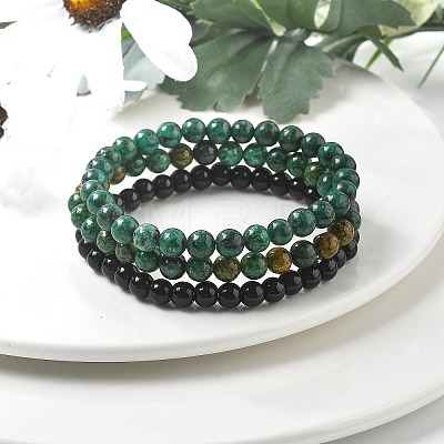 3Pcs 3 Style Natural African Turquoise(Jasper) & Black Agate Round Beaded Stretch Bracelets Set PW23030764297-1