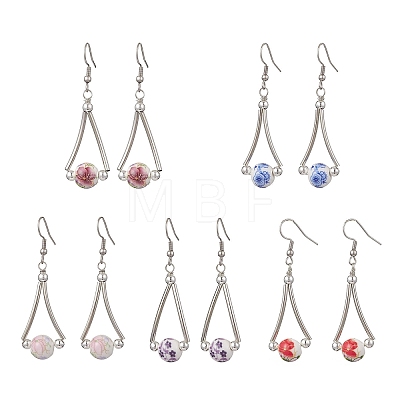 Handmade Round with Flower Printed Dangle Earrings EJEW-JE06800-1