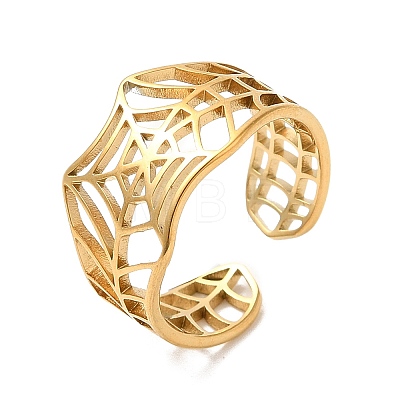 Ion Plating(IP) 304 Stainless Steel Hollow Spider Web Open Cuff Ring for Women RJEW-M149-25G-1