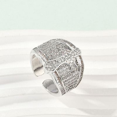 Brass Micro Pave Clear Cubic Zirconia Open Cuff Rings for Women RJEW-A059-04P-1