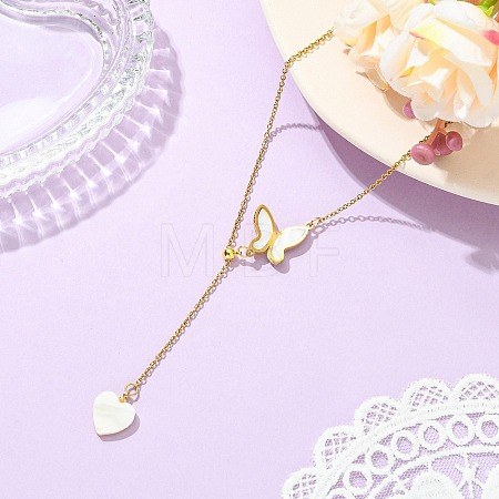 Adjustable 304 Stainless Steel & Natural Shell Butterfly Heart Pendant Cable Chain Lariat Necklaces for Women NJEW-JN06250-1