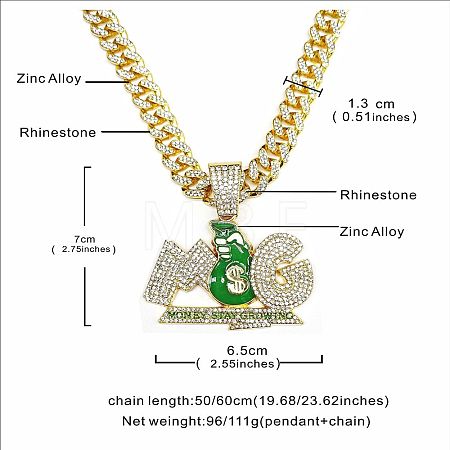 Hiphop Style Zinc Alloy Full Crystal Rhinestone Enamel Letter MG Green Money Bag Pendant Cuban Link Chain Necklaces for Men WGCD60A-01-1