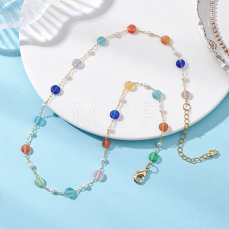 Colorful Flat Round Cat Eye & Plastic Imitation Pearl Brass Handmade Link Chain Necklaces for Women NJEW-JN05743-1