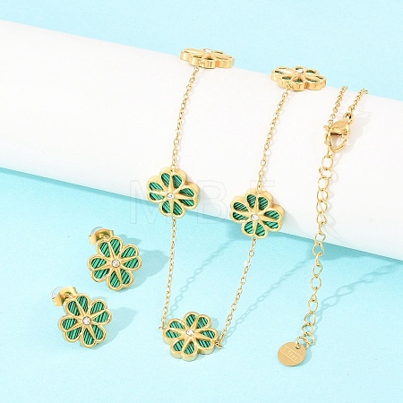 304 Stainless Steel with Resin Flower Link Chain Necklaces & Stud Earrings SJEW-Z005-02G-02-1
