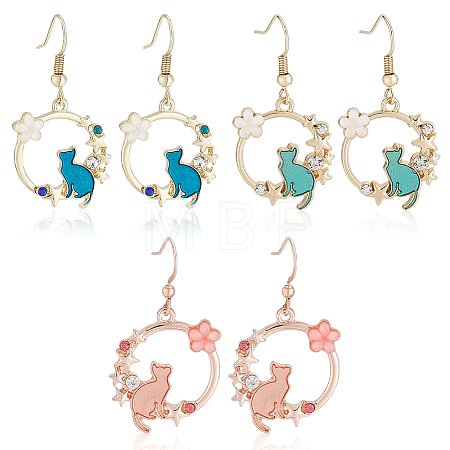 3 Pairs 3 Colors Resin Flower & Enamel Cat & Rhinestone Star Dangle Earrings EJEW-AN0001-88-1