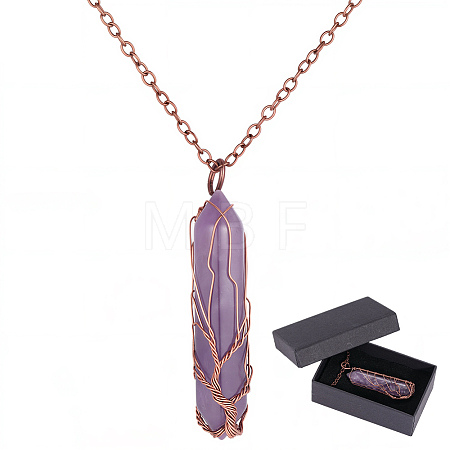 1Pc Natural Amethyst Bullet Macrame Pouch Pendant Alloy Chain Necklaces NJEW-PA0001-01B-1