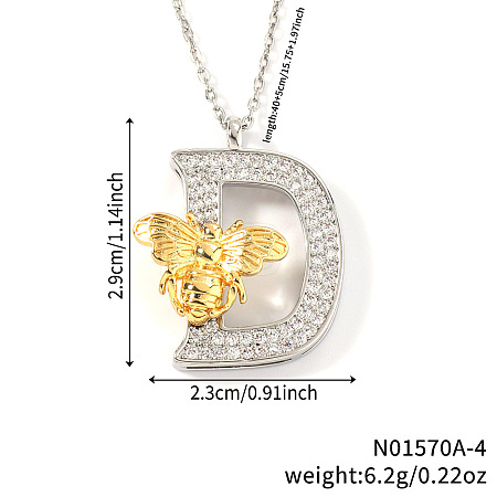 Brass Micro Pave Clear Cubic Zirconia Bee Initial Pendant Necklaces FS-WGF5E80-04-1