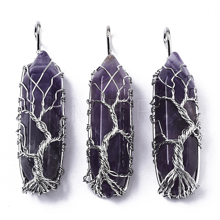 Natural Amethyst Big Wire Wrapped Pointed Pendants G-T133-P02C-1