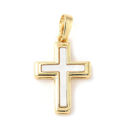 Brass Pave Natural White Shell Pendants KK-S522-01C-G-1