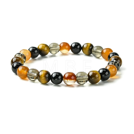Synthetic Smoky Quartz & Natural Tourmaline & Carnelian & Tiger Eye Round Beaded Stretch Bracelets BJEW-JB10910-04-1