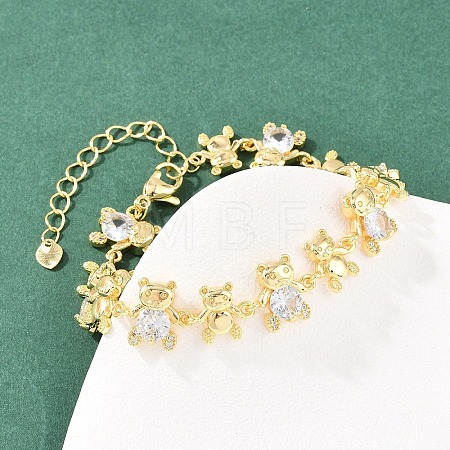 Bear Brass Micro Pave Cubic Zirconia Link Chain Bracelets for Women BJEW-K248-05G-01-1