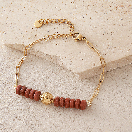 Synthetic Goldstone Hexagon Heishi Beads & 304 Stainless Steel Paperclip Chain Bracelets for Women SG1071-1-1