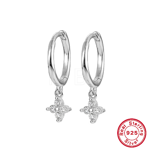 Anti-Tarnish Rhodium Plated Platinum 925 Sterling Silver Flower Dangle Hoop Earrings IN9619-04-1