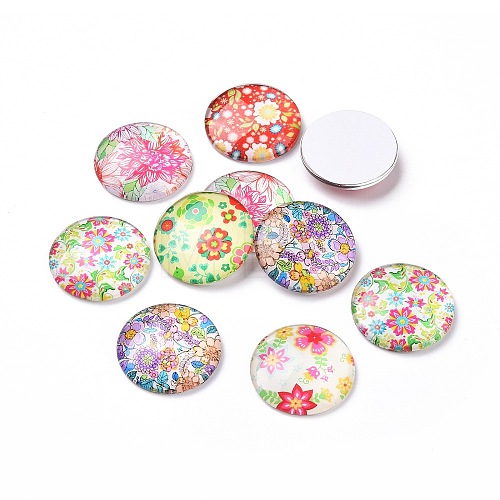 Half Round/Dome Floral Printed Glass Cabochons X-GGLA-A002-25mm-UU-1