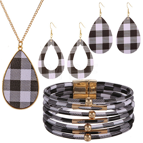 Tartan Pattern Imitation Leather Teardrop Pendant Necklace & Dangle Earrings & Multi-Strand Bracelet JX529D-1