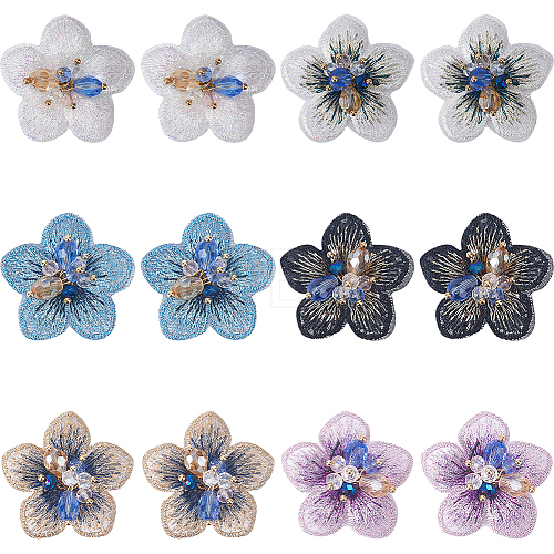 Gorgecraft 12Pcs 6 Colors 3D Flower Glass Beaded Appliques PATC-GF0001-46-1