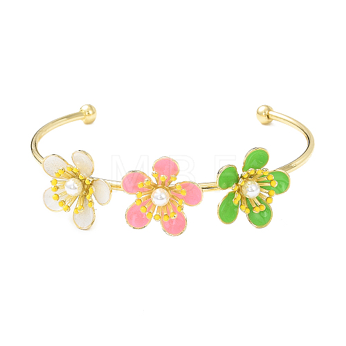Alloy Flower with Imitation Pearl Beaded Open Cuff Bangle for Women BJEW-D054-02G-03-1