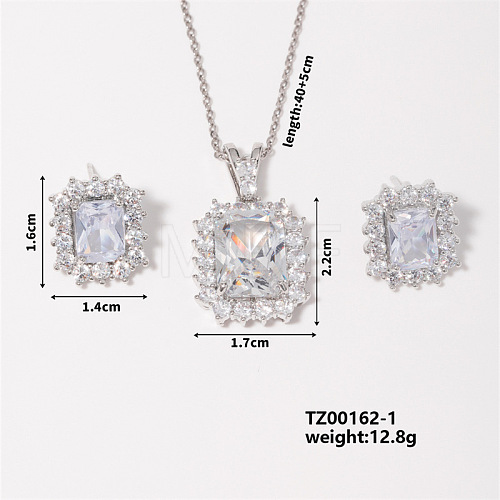 Fashionable Shiny Brass Glass Square Stud Earrings & Necklaces Set for Women CO1489-1-1