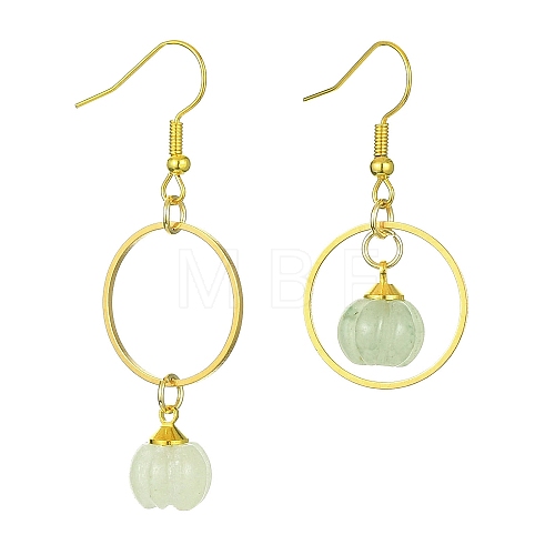 Natural Green Aventurine Pumpkin with Ring Dangle Earrings EJEW-JE05509-03-1