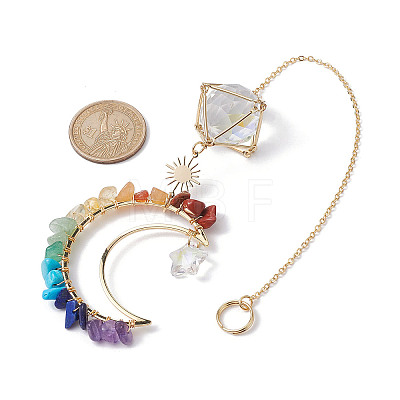 Natural & Synthetic Gemstone Chip Pendant Decorations with Brass Moon & Cable Chain HJEW-JM01646-1